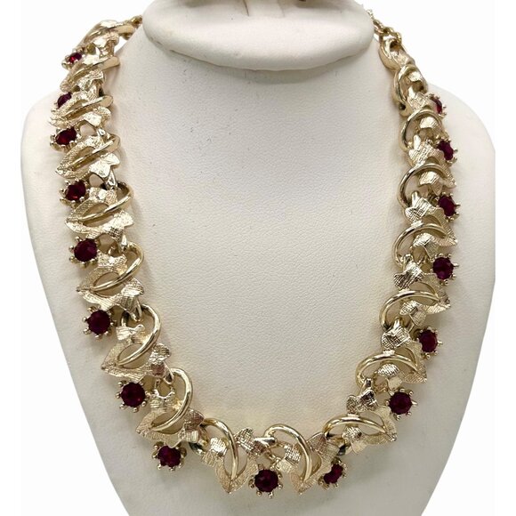 GORGEOUS VINTAGE ART ARTHUR PEPPER SIGNED RUBY RED GOLD TONE NECKLACE CLIP EARRI - Picture 3 of 9